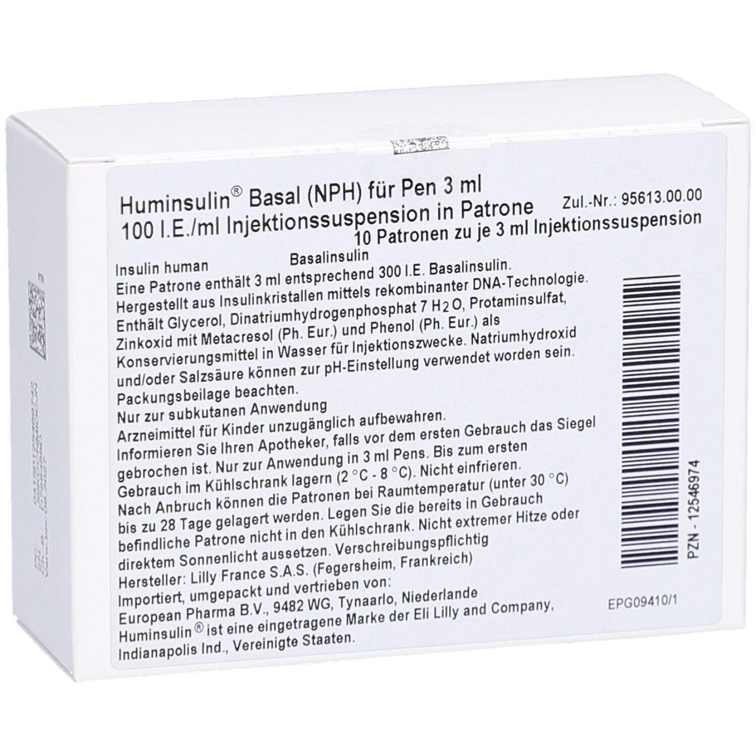 Weiße rechteckige Verpackung mit Text. Aufschrift: Huminsulin Basal (NPH) für Pen 3 ml. 10 Patronen zu je 3 ml Injektionssuspension.