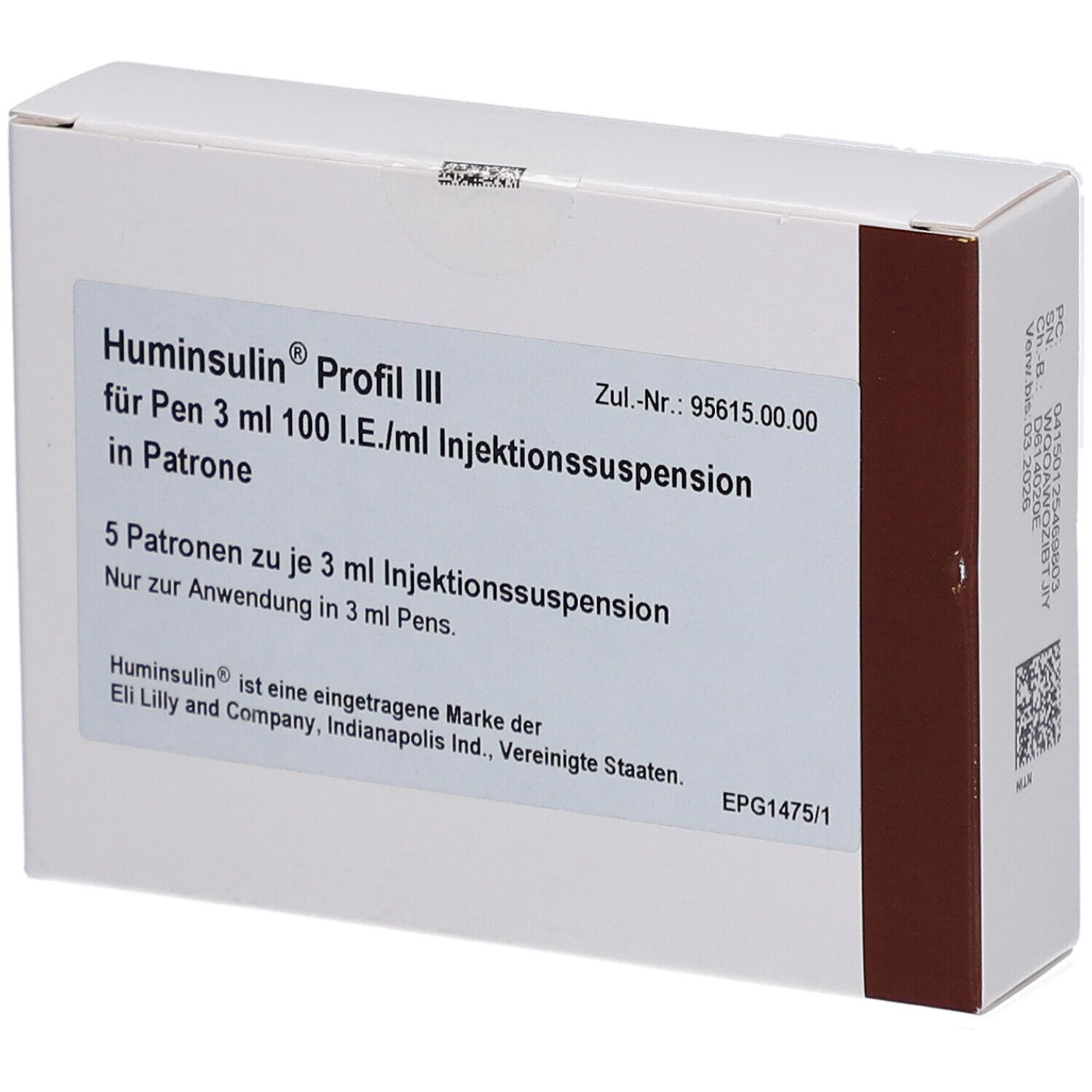 Weiße Kartonverpackung mit Aufschrift Huminsulin Profil III. Enthält 5 Patronen mit Injektionssuspension.
