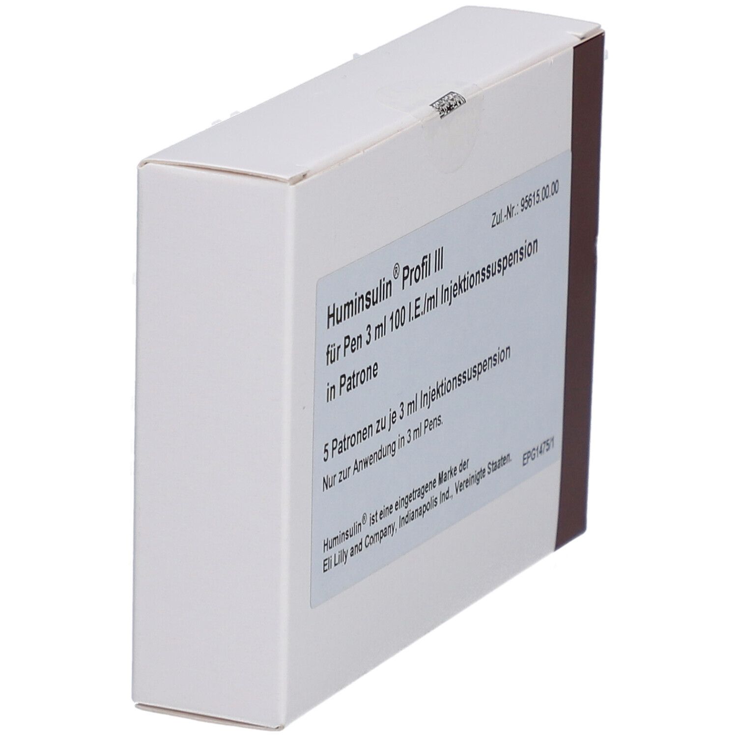 Schräg gestellte weiße Kartonverpackung mit Aufschrift Huminsulin Profil III. Brauner Streifen an der Seite.