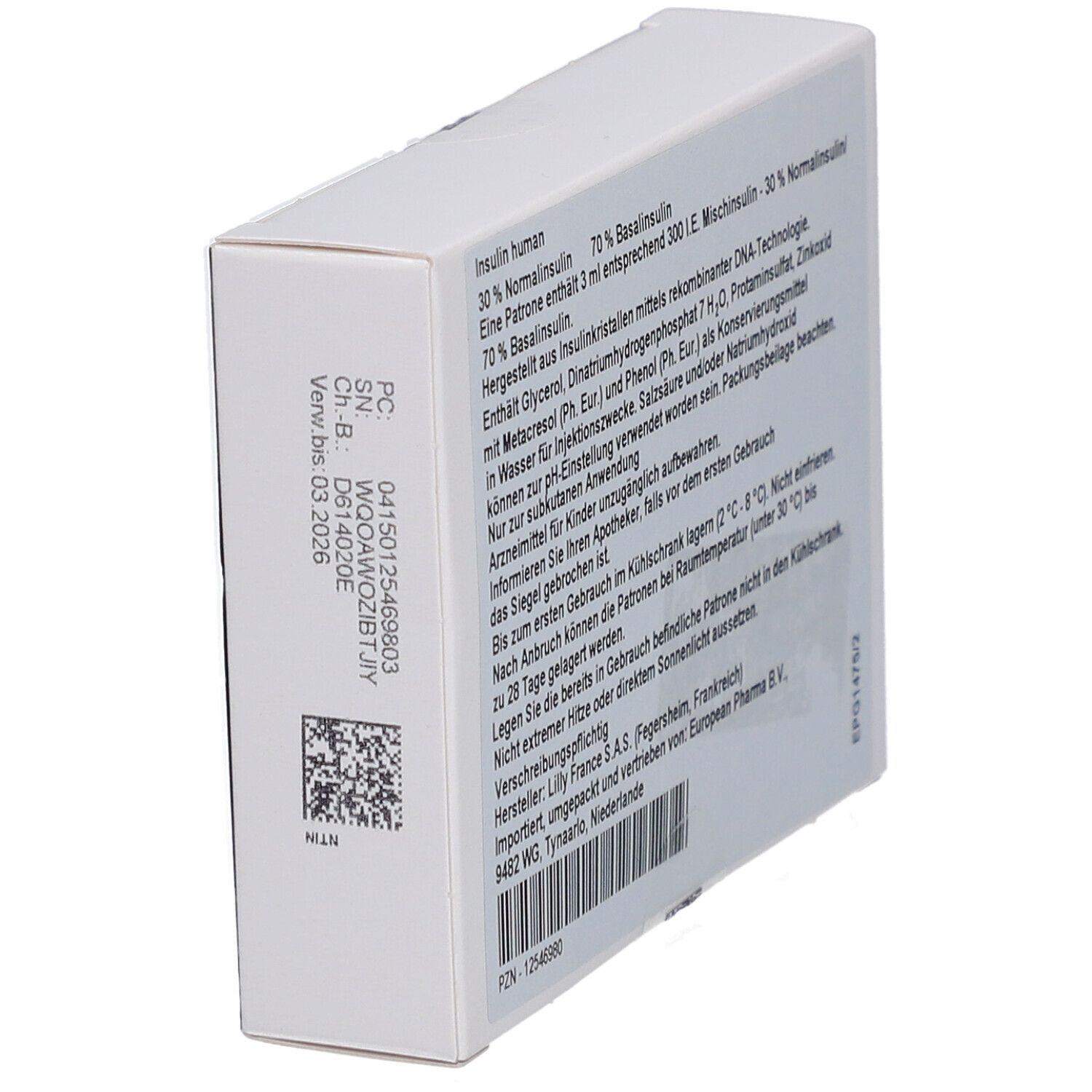 Rückseite der weißen Kartonverpackung mit Produktinformationen und Chargennummer. Text in deutscher Sprache.