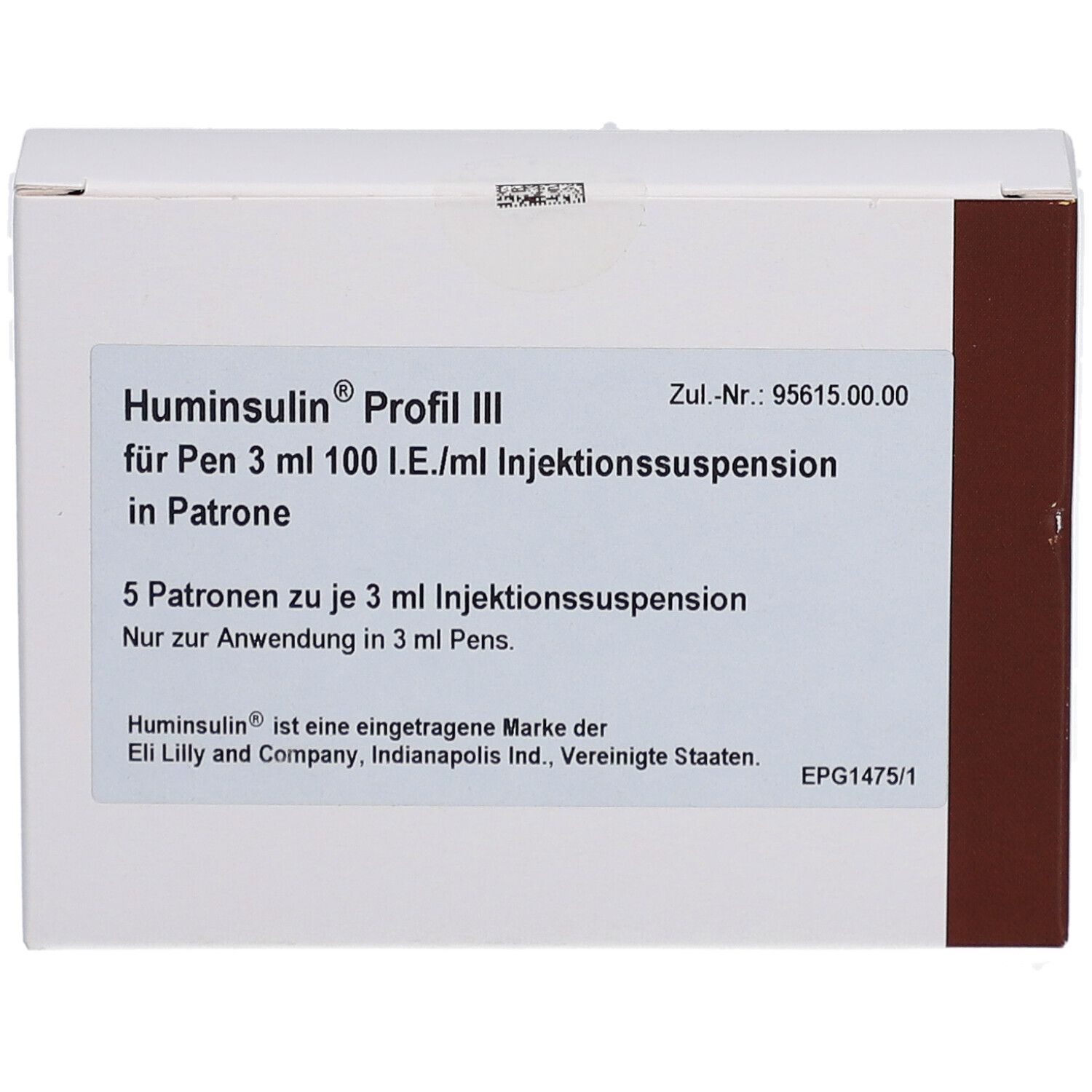 Weiße Kartonverpackung mit Aufschrift Huminsulin Profil III. Enthält 5 Patronen mit Injektionssuspension.