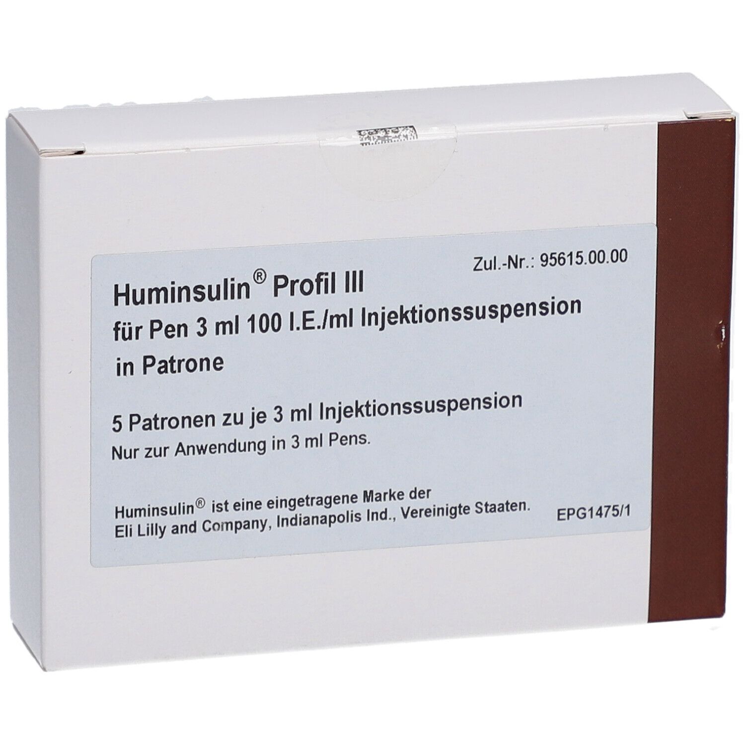 Weiße Kartonverpackung mit Aufschrift Huminsulin Profil III. Enthält 5 Patronen mit Injektionssuspension.