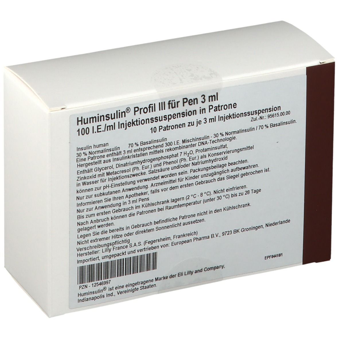 Weiße rechteckige Verpackung mit Produktinformationen. Aufschrift: Huminsulin Profil III für Pen 3 ml. Enthält 10 Patronen.