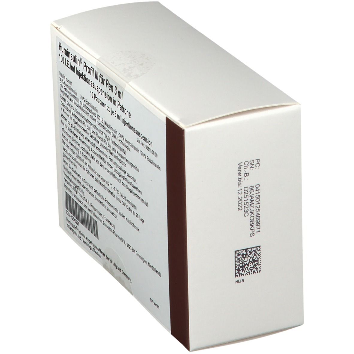 Schräg gestellte weiße Verpackung mit braunen Seiten. Aufschrift: Huminsulin Profil III. Barcode und weitere Informationen.