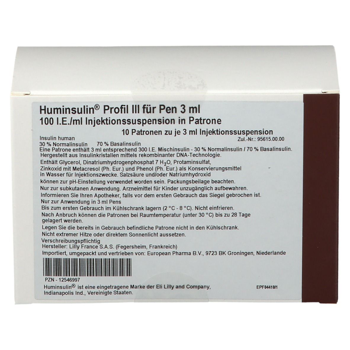 Weiße rechteckige Verpackung mit Produktinformationen. Aufschrift: Huminsulin Profil III für Pen 3 ml. Enthält 10 Patronen.