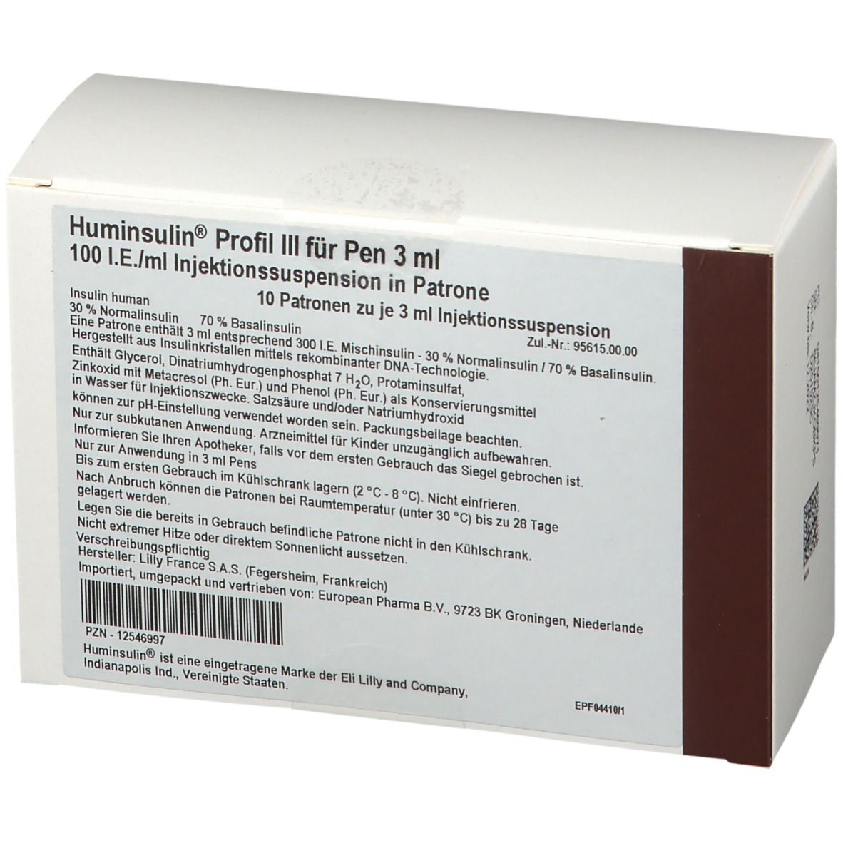 Weiße rechteckige Verpackung mit braunen Seiten und Produktinformationen. Aufschrift: Huminsulin Profil III für Pen 3 ml.