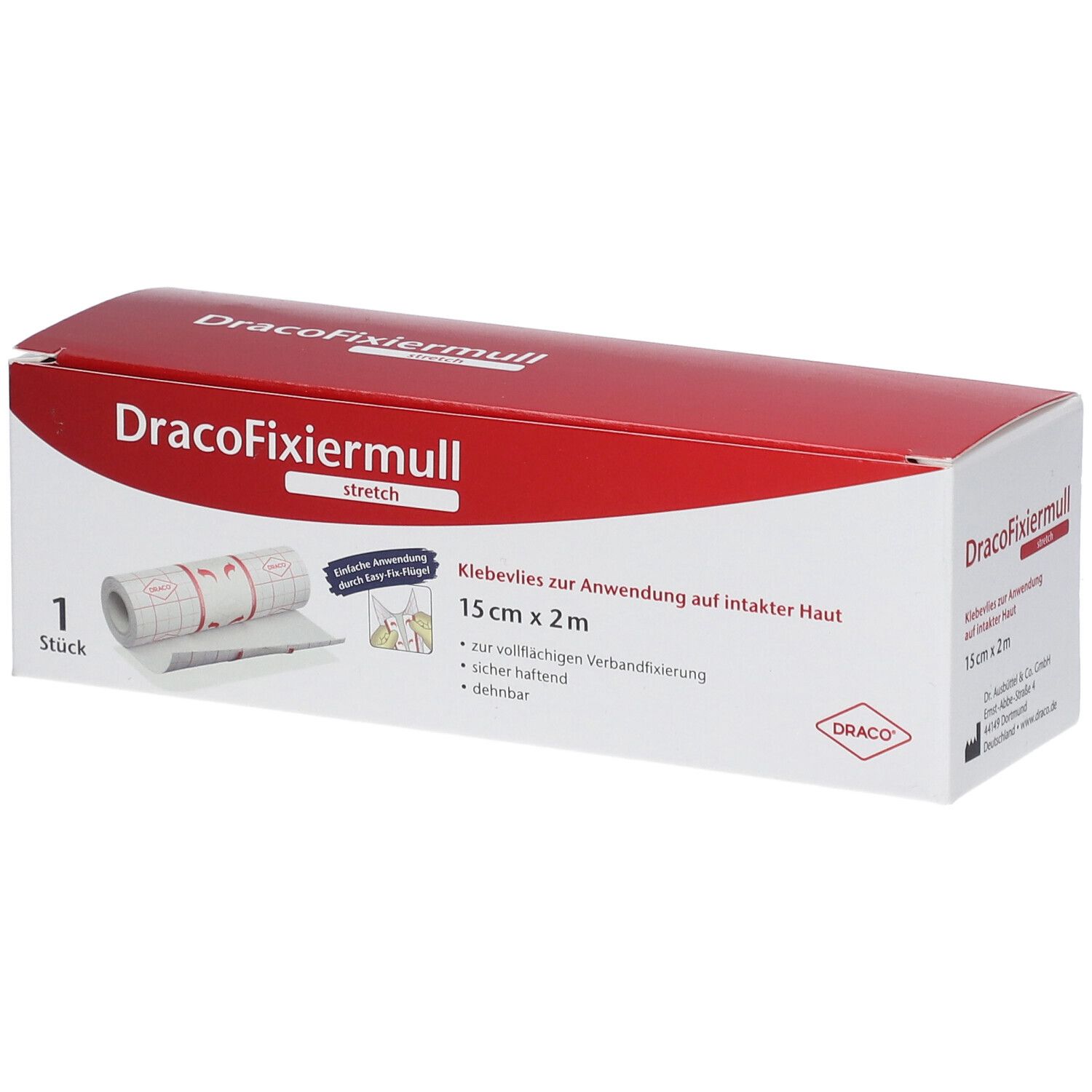 Verpackung von DracoFixiermull stretch. Weiß-rote Schachtel mit Produktabbildung und Text. 15 cm x 2 m. DRACO-Logo.