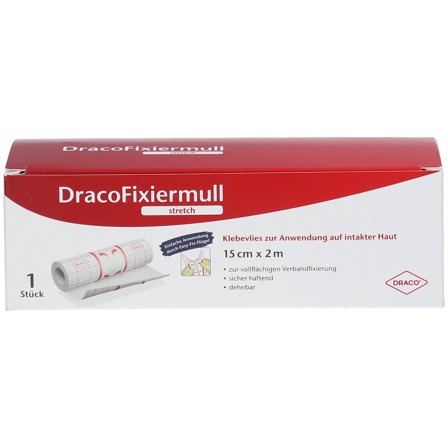 DracoFixiermull stretch Verpackung. Weiß-rote Schachtel mit Produktabbildung und Text. 15 cm x 2 m. DRACO-Logo. 1 Stück.
