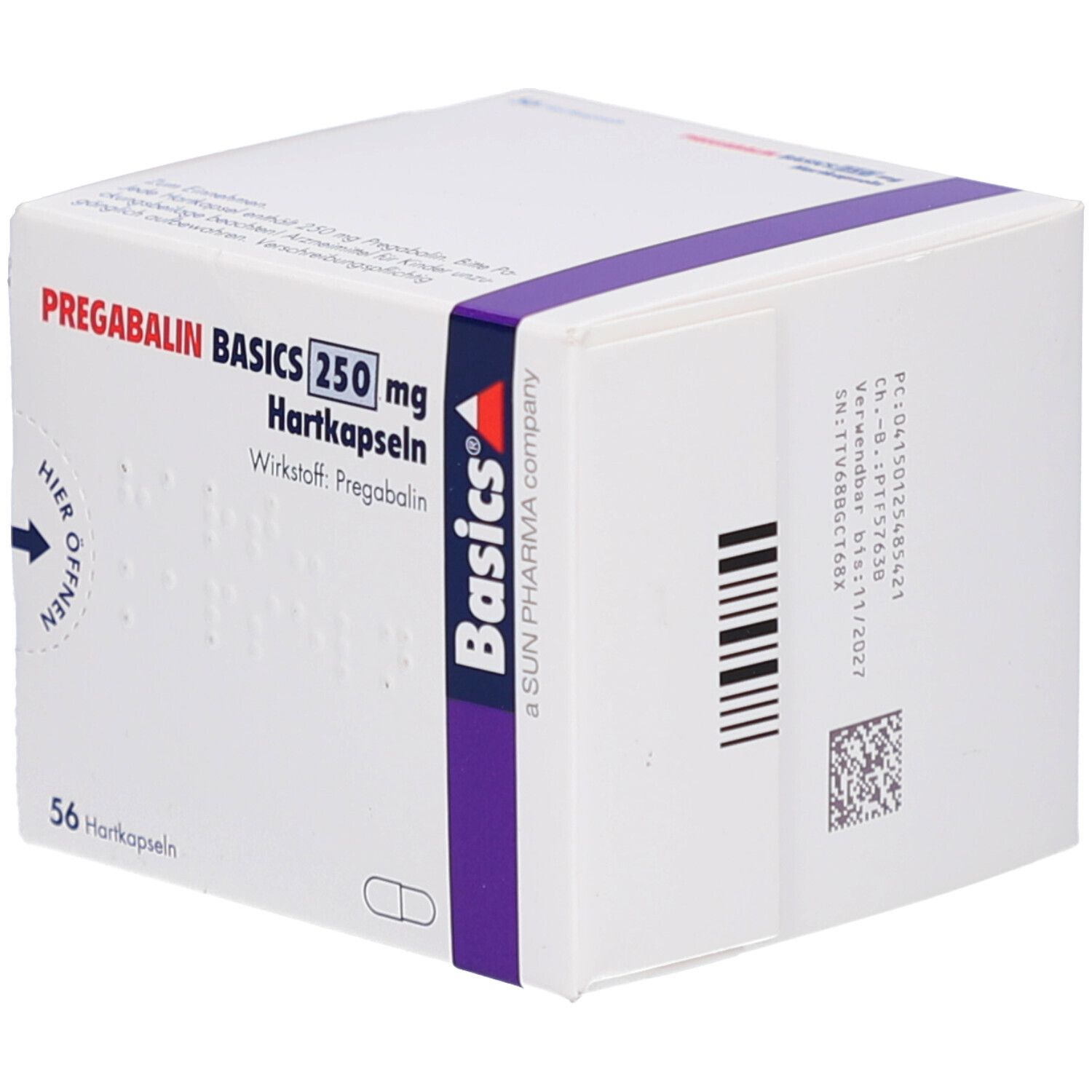Weiße Faltschachtel mit PREGABALIN BASICS 250 mg Hartkapseln. 56 Hartkapseln. Basics-Logo. Lila Band. Barcode und Text.