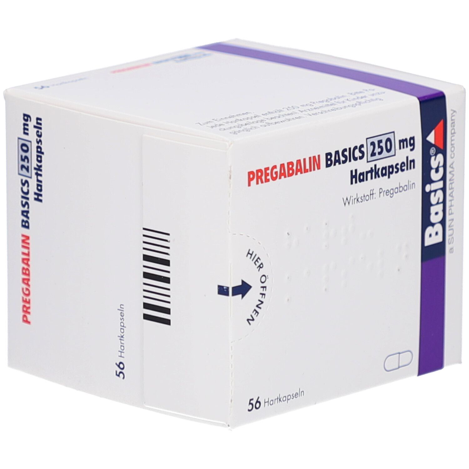 Weiße Faltschachtel mit PREGABALIN BASICS 250 mg Hartkapseln. 56 Hartkapseln. Basics-Logo. Lila Band. Barcode und Text.