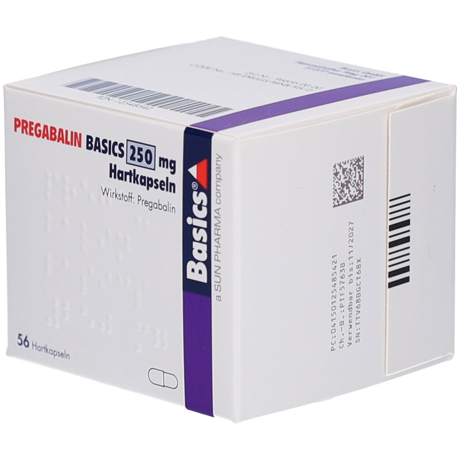 Weiße Faltschachtel mit PREGABALIN BASICS 250 mg Hartkapseln. 56 Hartkapseln. Basics-Logo. Lila Band. Barcode und Text.