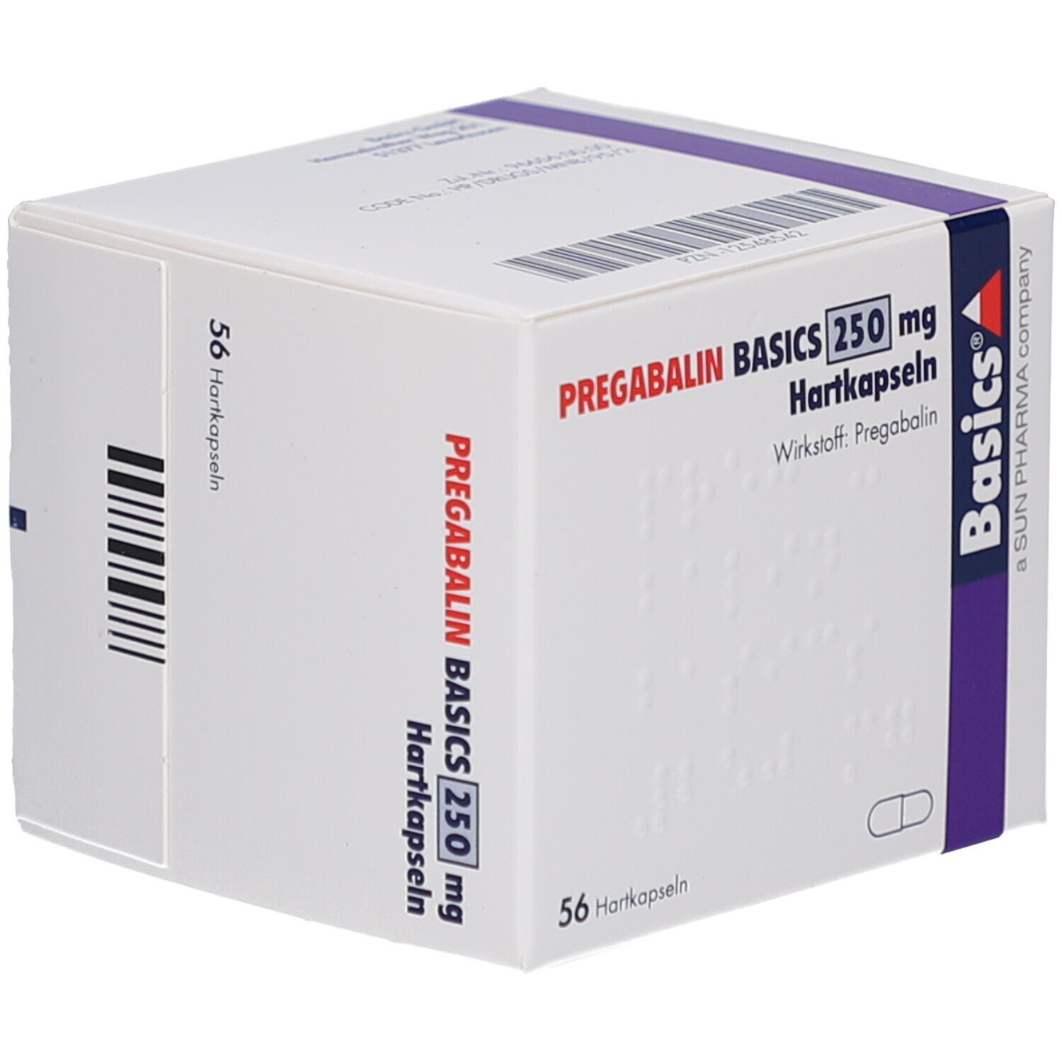 Weiße Faltschachtel mit PREGABALIN BASICS 250 mg Hartkapseln. 56 Hartkapseln. Basics-Logo. Lila Band. Barcode und Text.