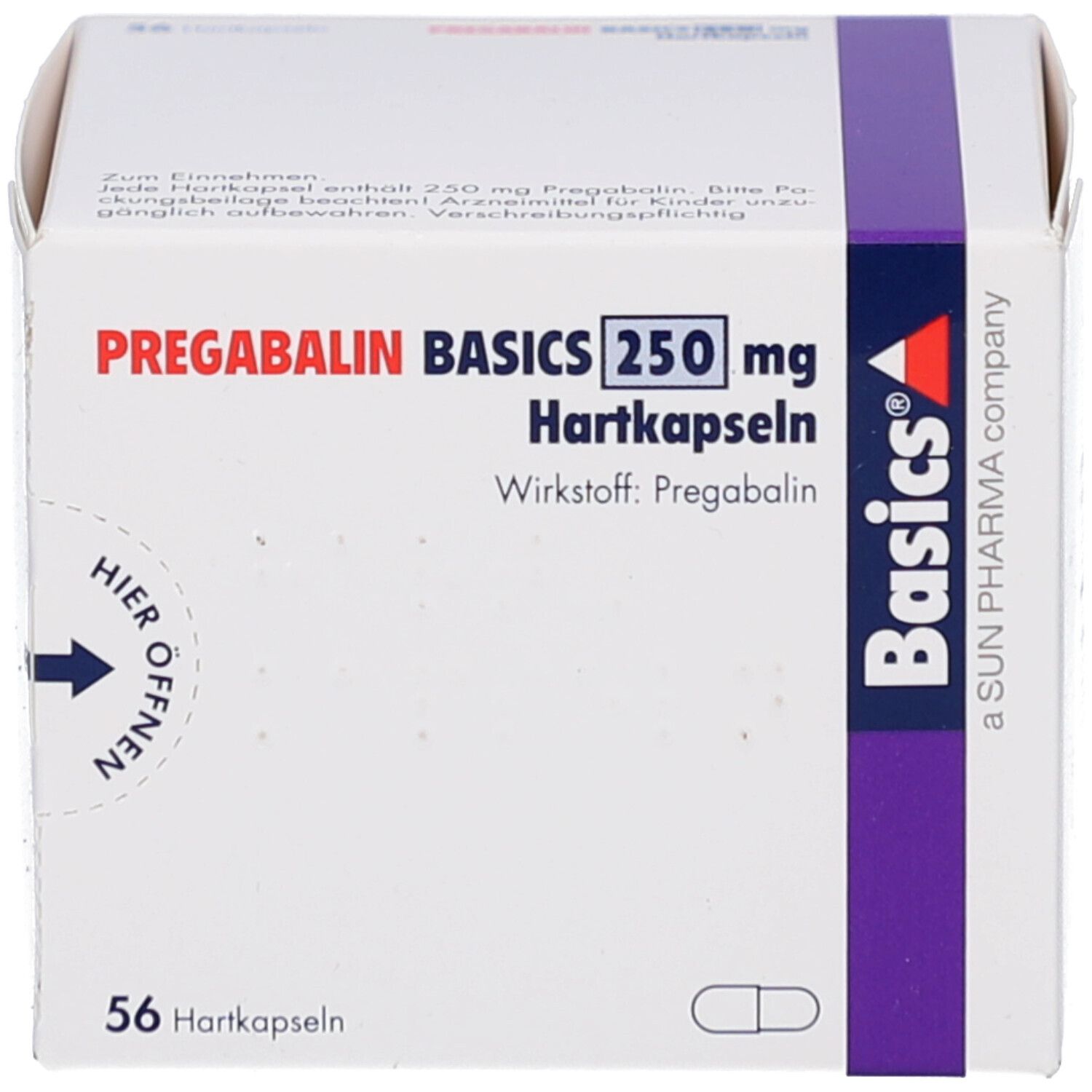 Weiße Faltschachtel mit PREGABALIN BASICS 250 mg Hartkapseln. 56 Hartkapseln. Basics-Logo. Lila Band. Barcode und Text.
