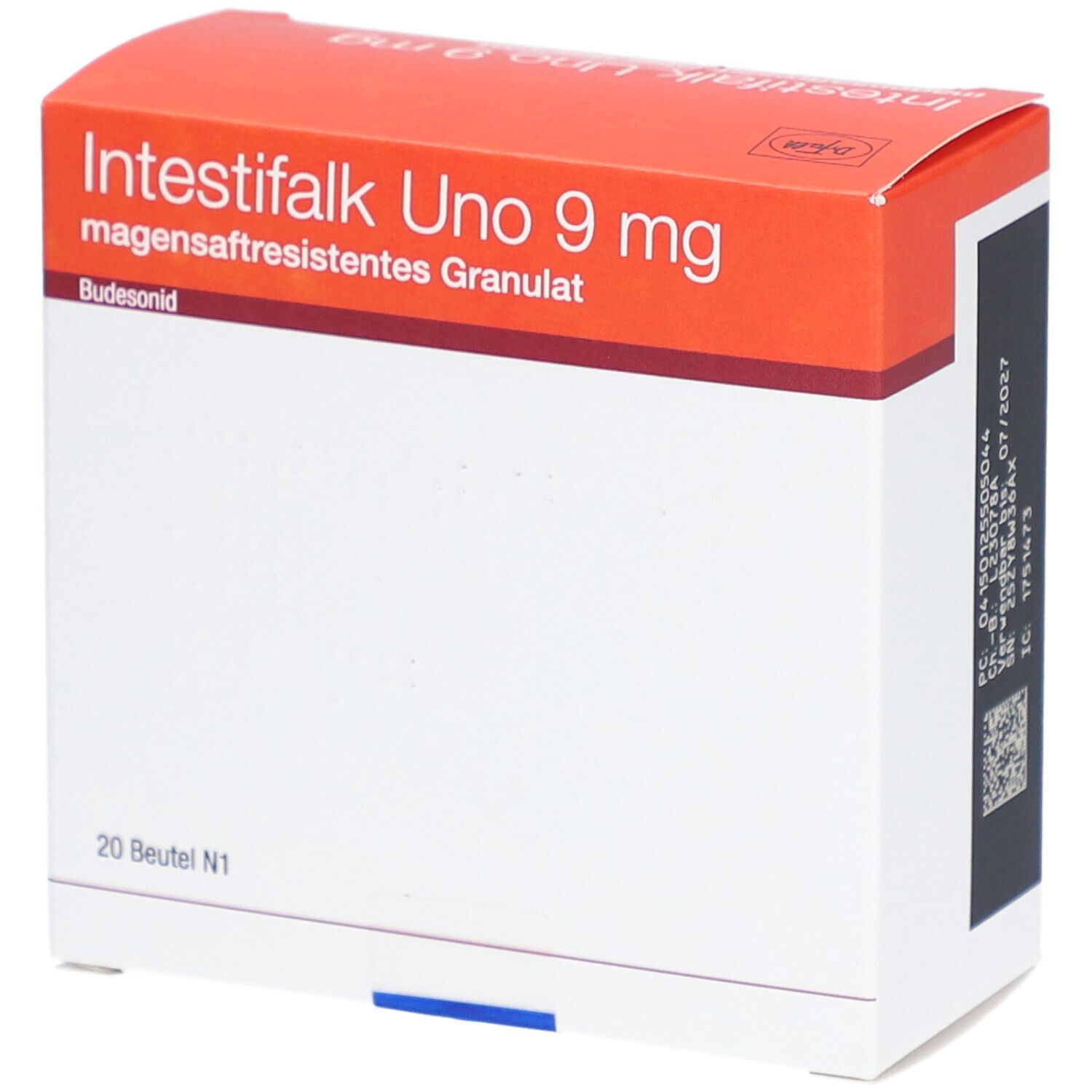 Karton von Intestifalk Uno 9 mg Granulat. Orange-weiße Verpackung mit Produktinformationen und 20 Beuteln.