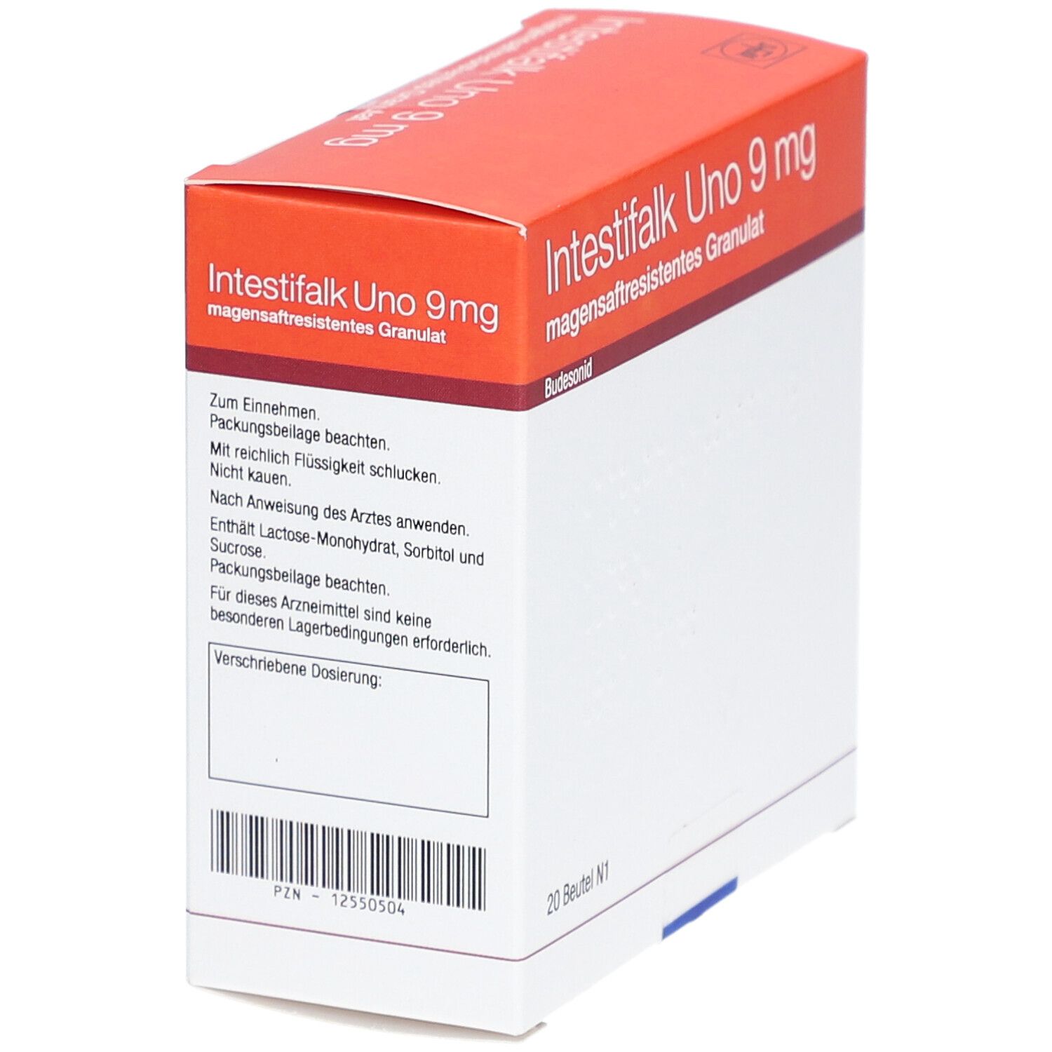 Karton von Intestifalk Uno 9 mg Granulat. Weiße Seite mit Text, Produktname und Dosierung. 20 Beutel.