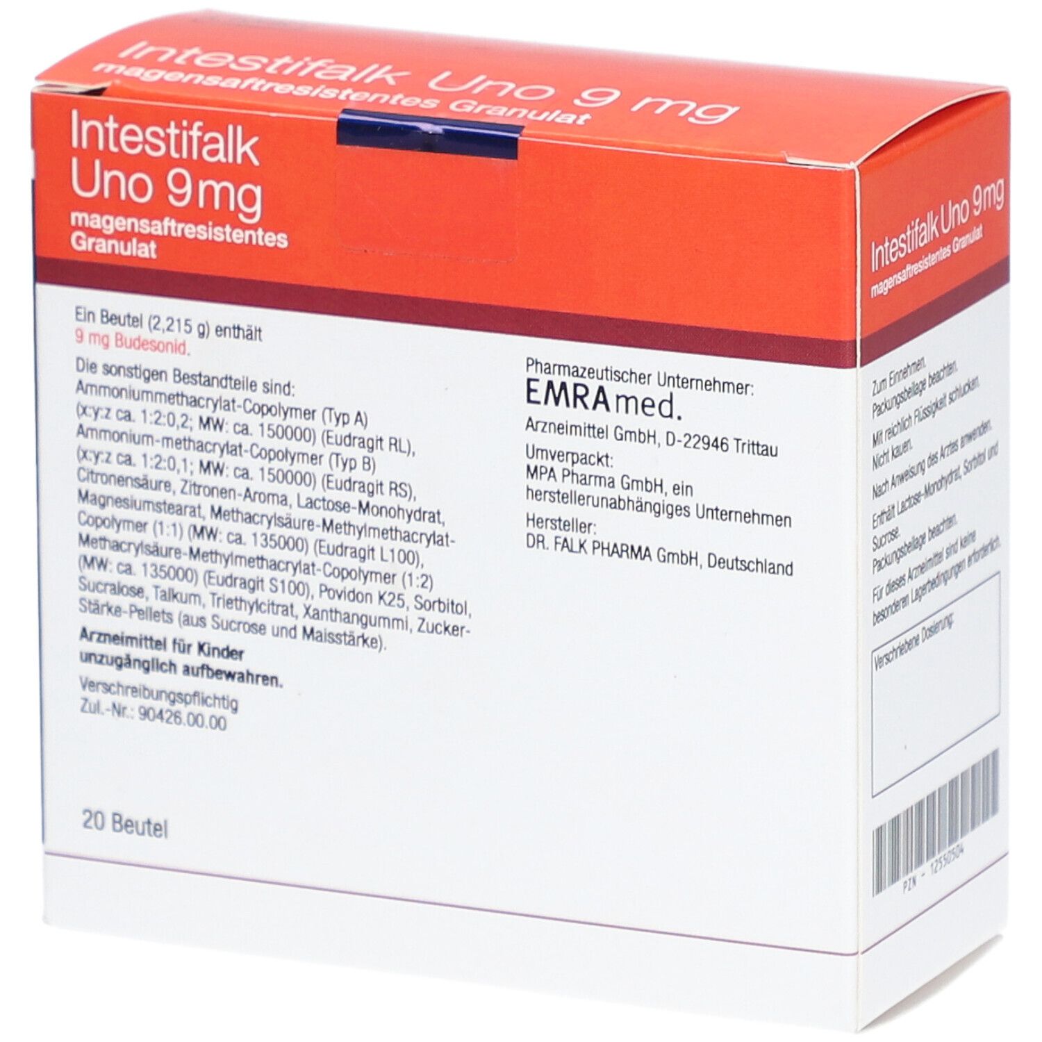 Karton von Intestifalk Uno 9 mg Granulat. Detailansicht mit Produktinformationen, Inhaltsstoffen und Hersteller.