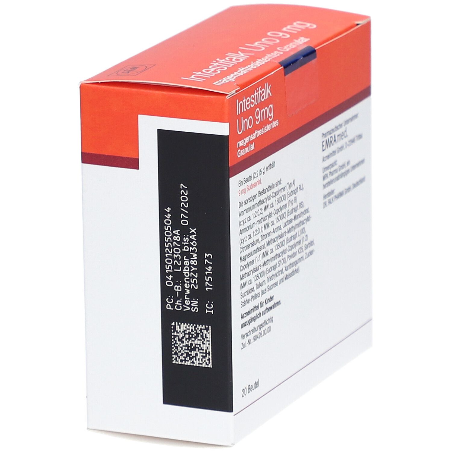 Karton von Intestifalk Uno 9 mg Granulat. Schwarze Seite mit Barcode, Chargennummer und Verfallsdatum.