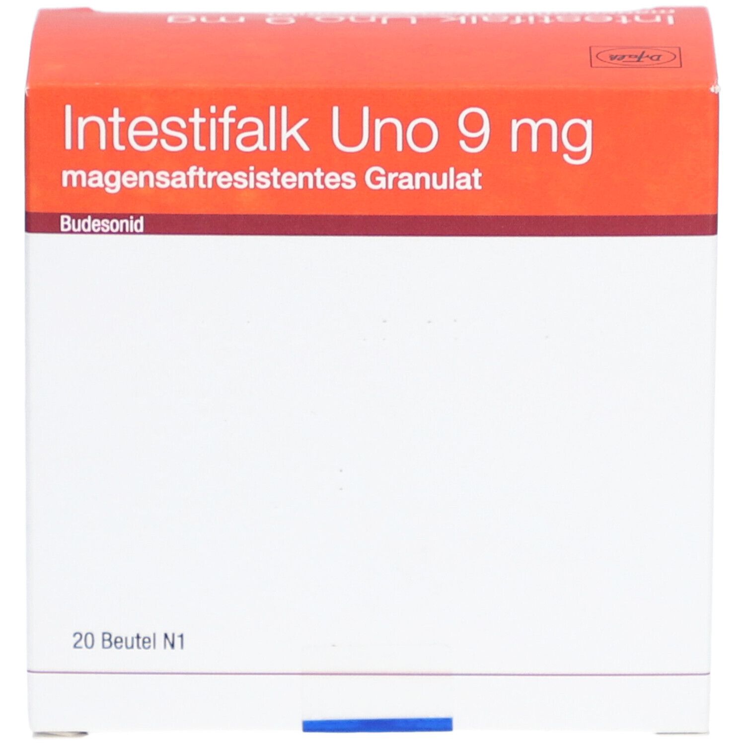 Karton von Intestifalk Uno 9 mg Granulat. Orange-weiße Verpackung mit Produktnamen und 20 Beuteln.