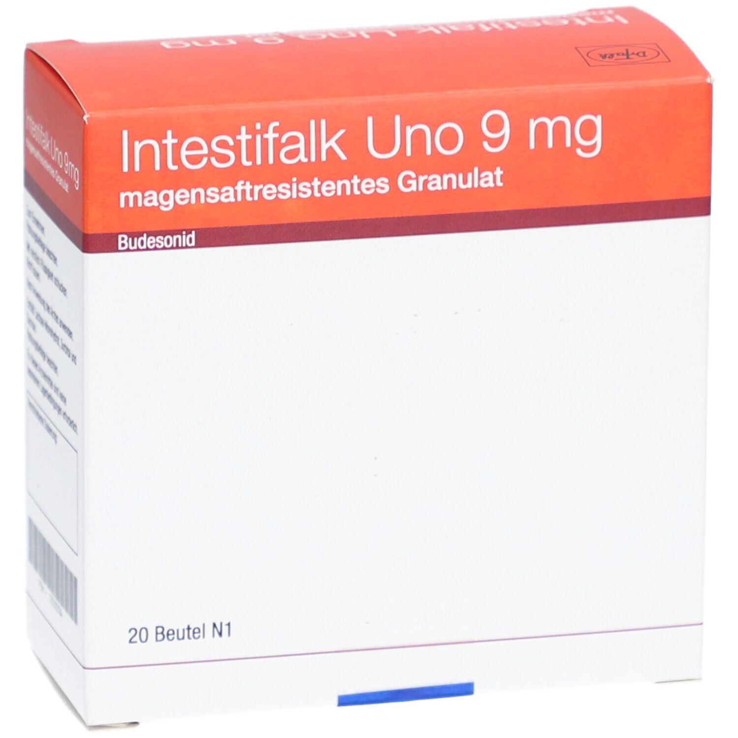 Karton von Intestifalk Uno 9 mg Granulat. Orange-weiße Verpackung mit Produktnamen und 20 Beuteln.