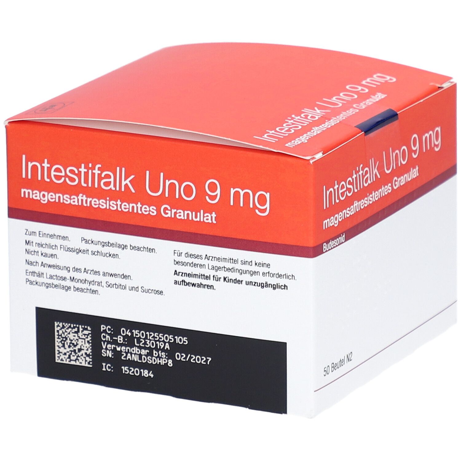 Karton von Intestifalk Uno 9 mg magensaftresistentes Granulat. Rote und weiße Verpackung mit Produktinformationen und Verfallsdatum.