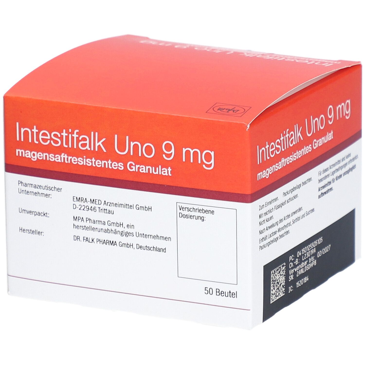 Karton von Intestifalk Uno 9 mg magensaftresistentes Granulat. Rote und weiße Verpackung mit Herstellerinformationen und Dosierung.