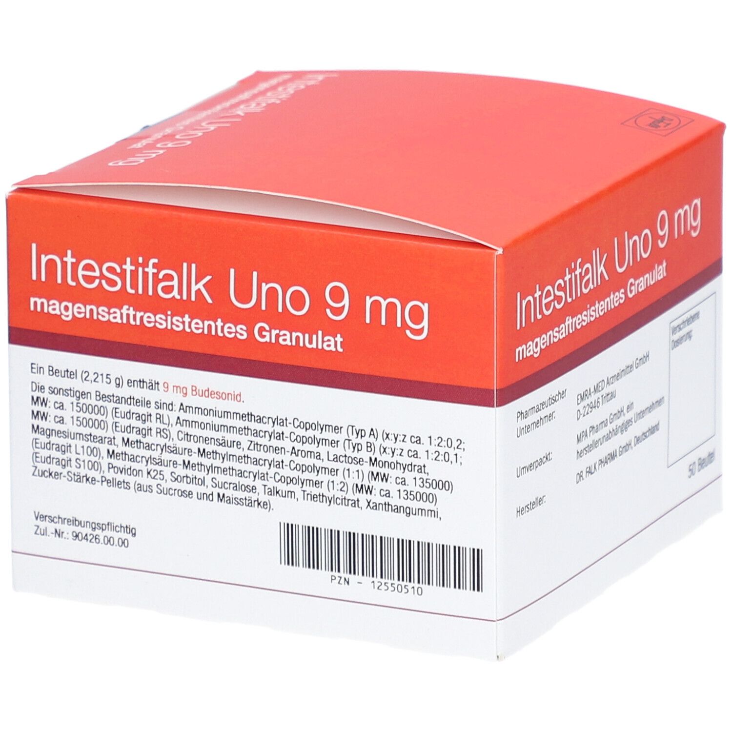 Karton von Intestifalk Uno 9 mg magensaftresistentes Granulat. Rote und weiße Verpackung mit Inhaltsstoffangaben.