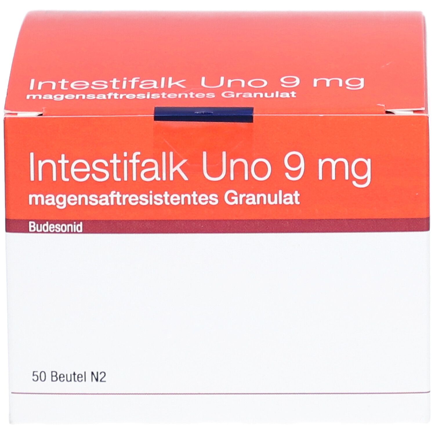 Karton von Intestifalk Uno 9 mg magensaftresistentes Granulat. Rote und weiße Verpackung mit Produktnamen und Dosierung.