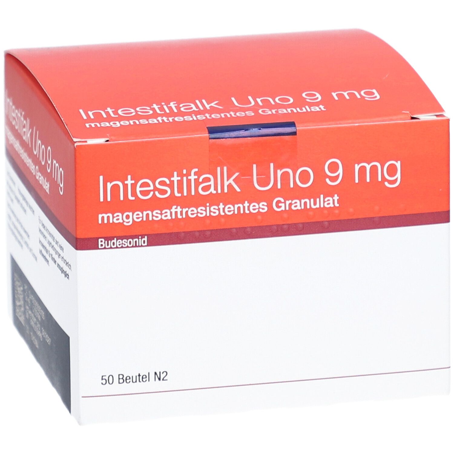 Karton von Intestifalk Uno 9 mg magensaftresistentes Granulat. Rote und weiße Verpackung mit Produktnamen und Dosierung.