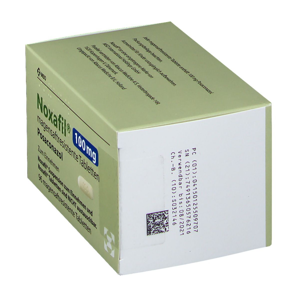 Grüne Schachtel mit Noxafil® 100 mg Tabletten. Aufschrift: magensaftresistente Tabletten, Posaconazol. QR-Code und Chargennummer.