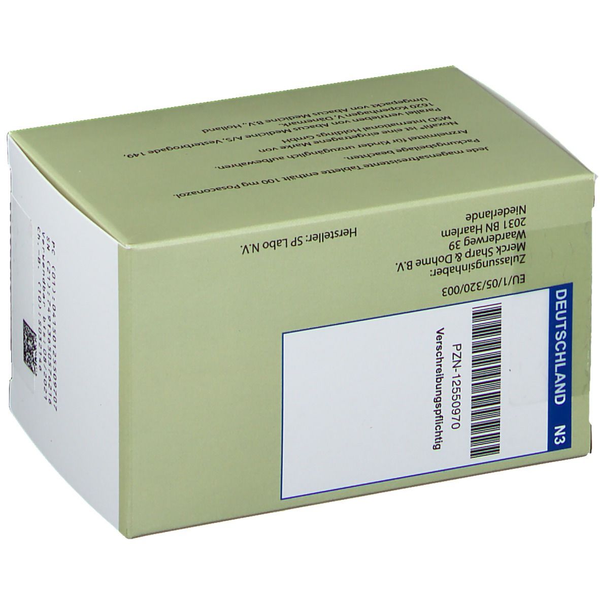 Grüne Schachtel mit Noxafil® 100 mg Tabletten. Aufschrift: magensaftresistente Tabletten, Posaconazol. Aufdruck: Deutschland, PZN-12550970.