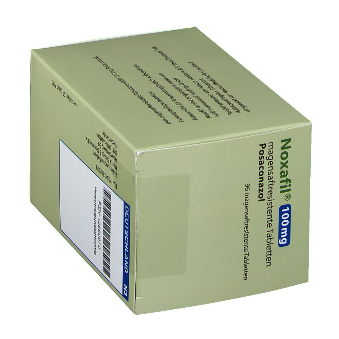 Grüne Schachtel mit Noxafil® 100 mg Tabletten. Aufschrift: magensaftresistente Tabletten, Posaconazol. Aufdruck: Deutschland, N3.