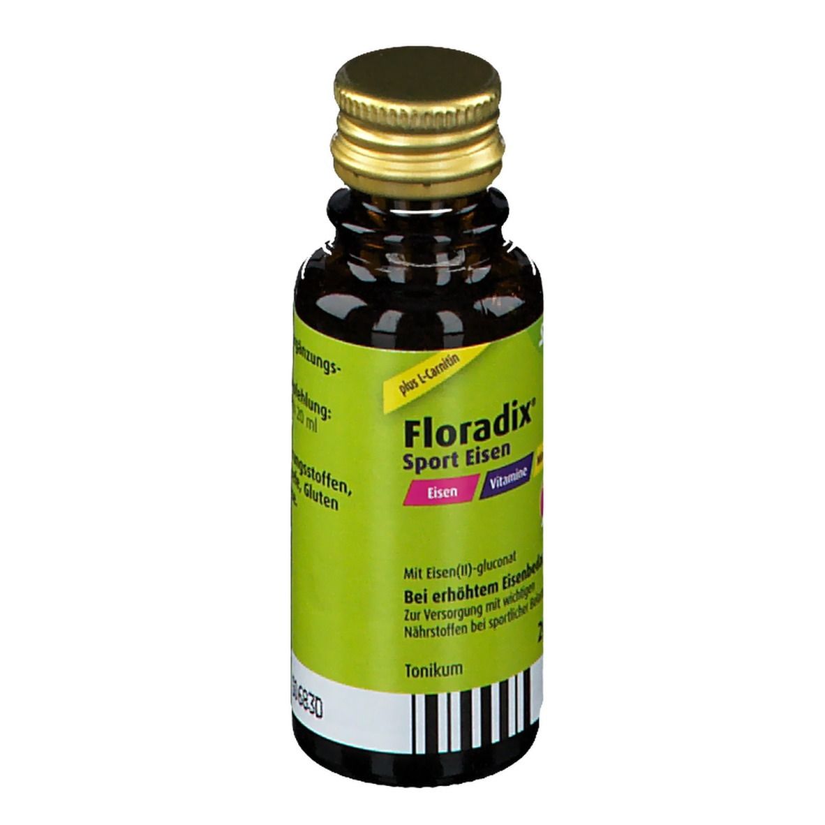 Braune Glasflasche mit goldfarbenem Deckel. Etikett mit Produktnamen Floradix Sport Eisen, Eisen, Vitamin, Mineralien.