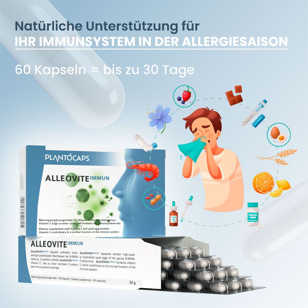 Packung mit 60 Kapseln, Seitenansicht mit detaillierten Informationen und Siegel.
