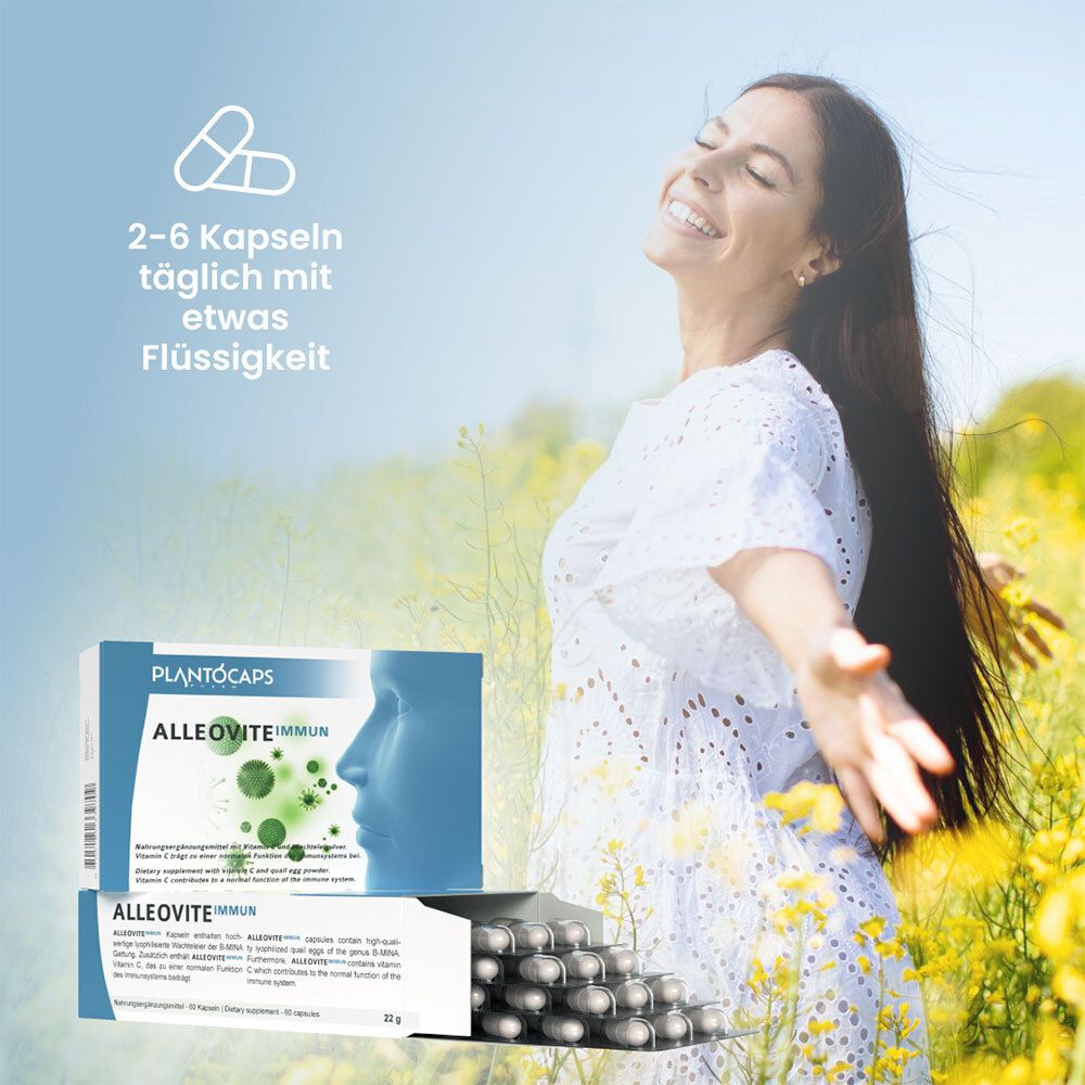 Packung mit 60 Kapseln, Vorderseite mit Profil eines weiblichen Gesichts und grünen Viren.