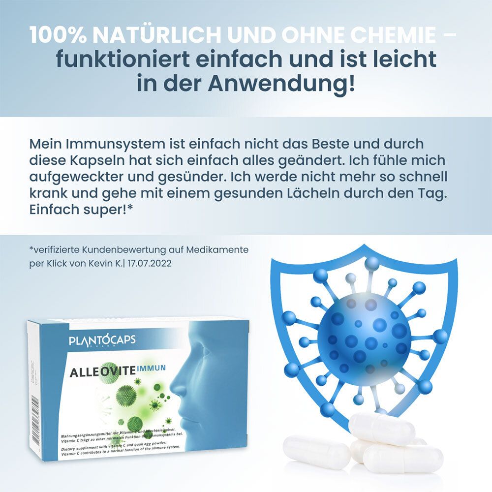 Packung mit 60 Kapseln, Vorderseite mit Profil eines weiblichen Gesichts und grünen Viren.