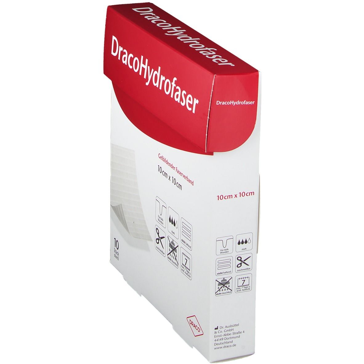 Verpackung DracoHydrofaser, gelbildender Faserverband, 10x10 cm, 10 Stück, Seitenansicht.