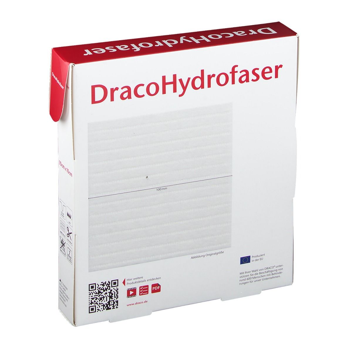 Rückseite Verpackung DracoHydrofaser, gelbildender Faserverband, 10x10 cm, mit Produktabbildung.