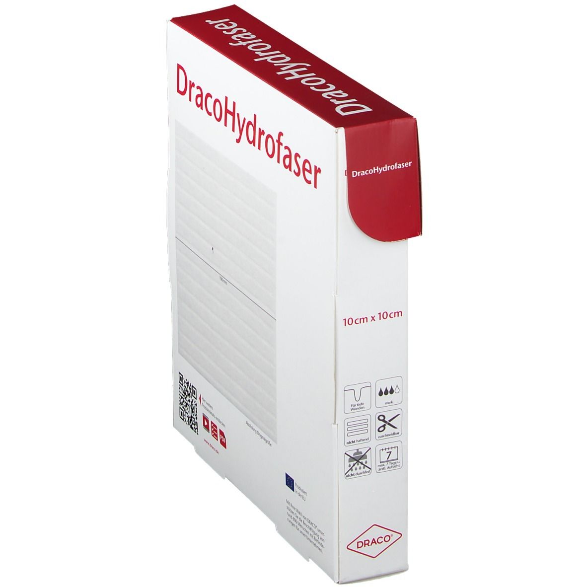 Verpackung DracoHydrofaser, gelbildender Faserverband, 10x10 cm, 10 Stück, schräge Ansicht.