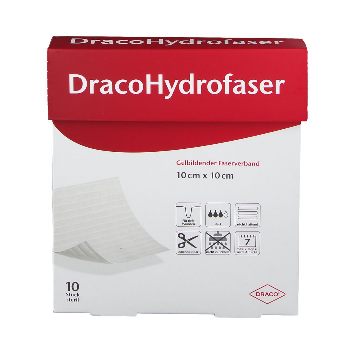 Verpackung DracoHydrofaser, gelbildender Faserverband, 10x10 cm, 10 Stück.