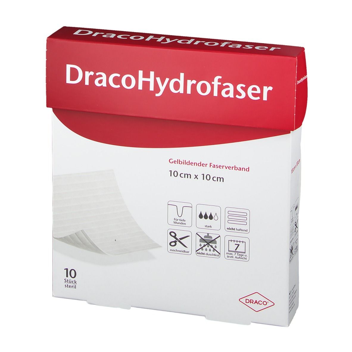 Verpackung DracoHydrofaser, gelbildender Faserverband, 10x10 cm, 10 Stück.
