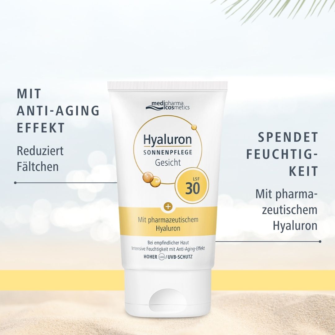 Weiße Tube mit gelben Akzenten. Aufschrift: Hyaluron Sonnenpflege Gesicht LSF 30. Marke: medipharma cosmetics. Text: Anti-Aging.