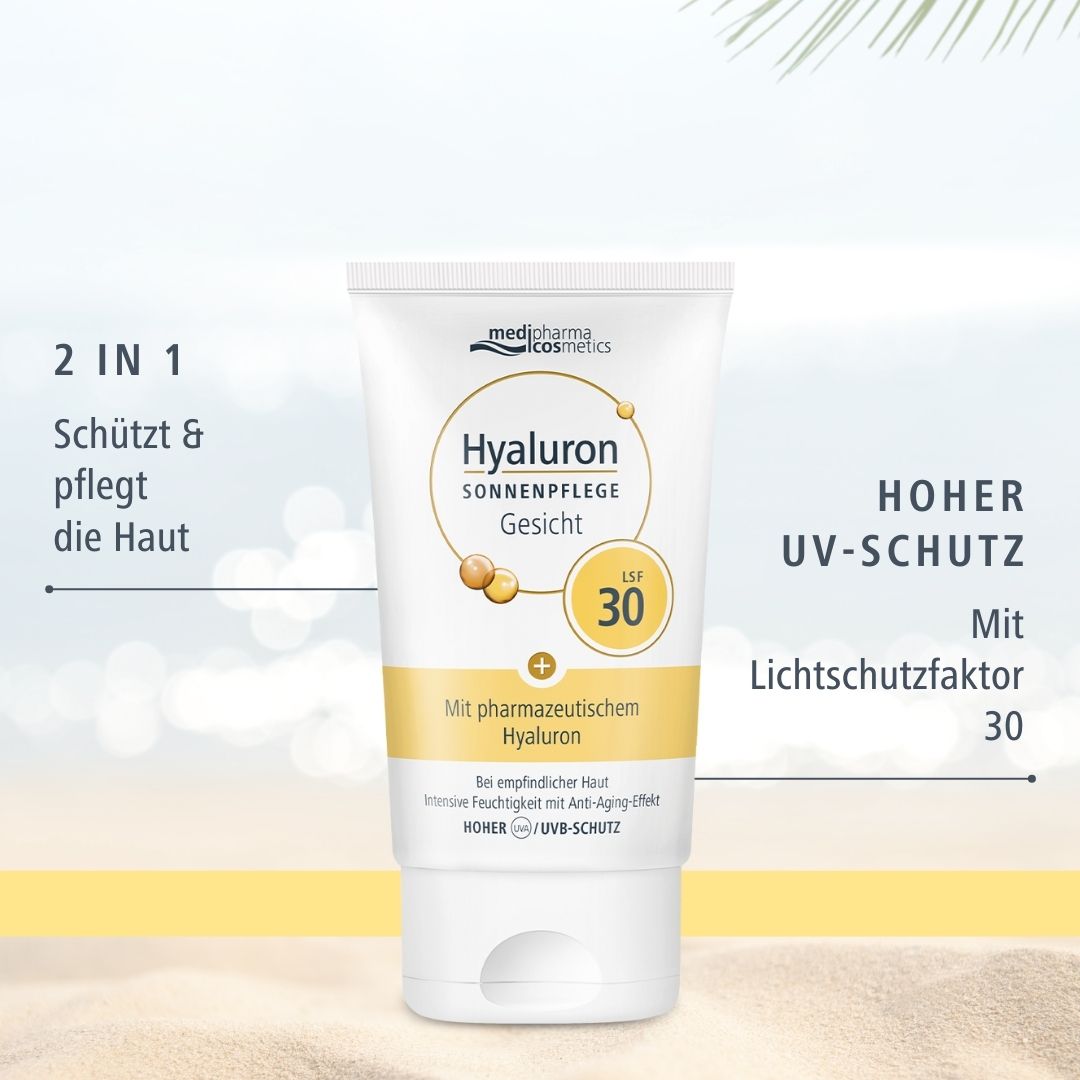 Weiße Tube mit gelben Akzenten. Aufschrift: Hyaluron Sonnenpflege Gesicht LSF 30. Marke: medipharma cosmetics. Text: UV-Schutz.
