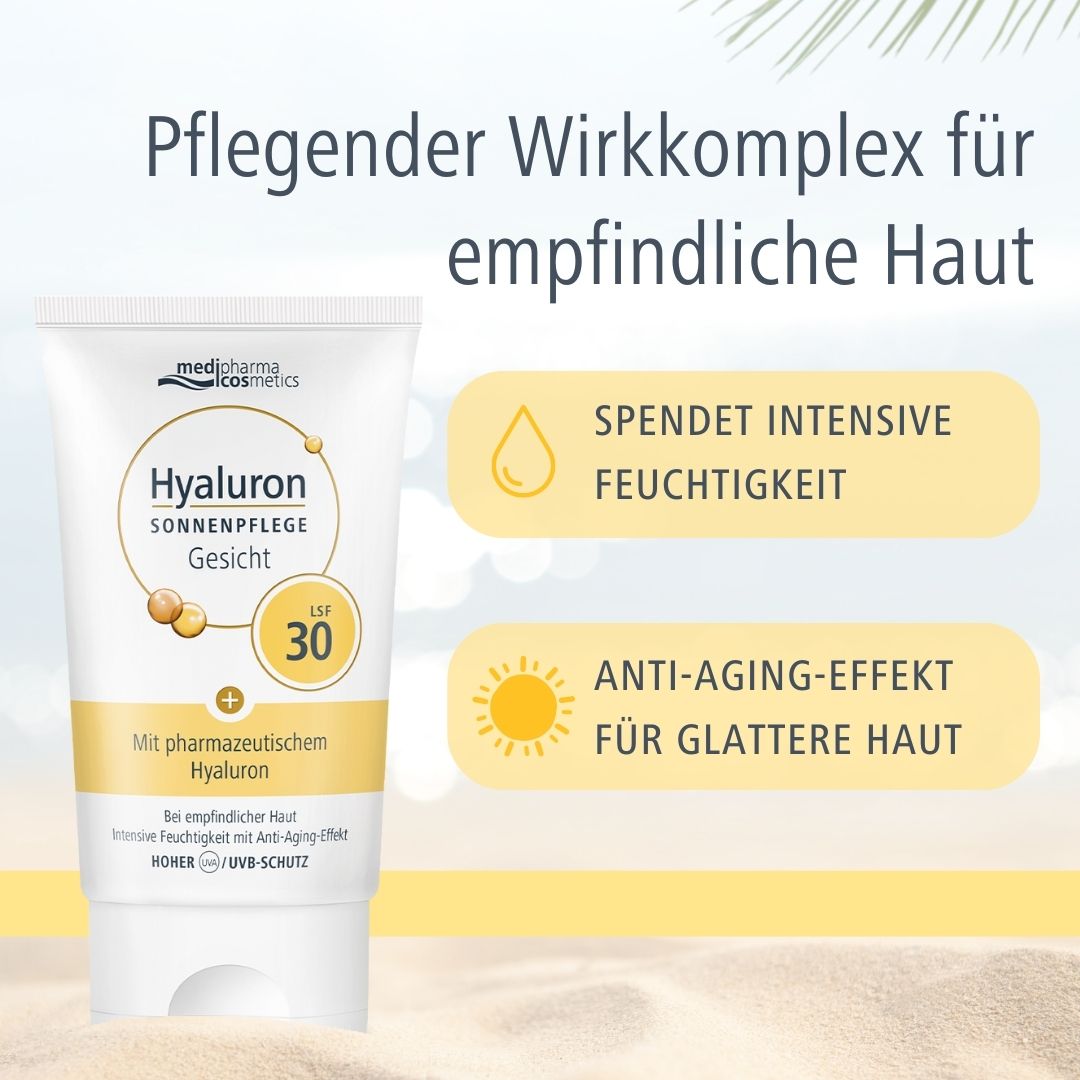 Weiße Tube mit gelben Akzenten. Aufschrift: Hyaluron Sonnenpflege Gesicht LSF 30. Marke: medipharma cosmetics. Text: Feuchtigkeit.