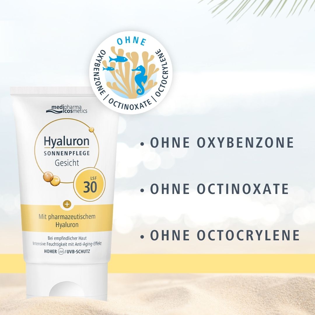 Weiße Tube mit gelben Akzenten. Aufschrift: Hyaluron Sonnenpflege Gesicht LSF 30. Marke: medipharma cosmetics. Ohne Oxybenzone.