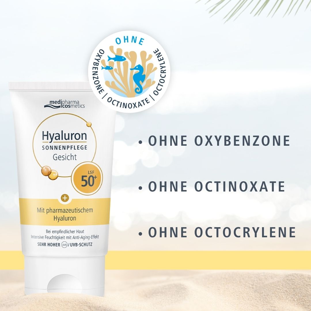 Produkt-Tube mit Text: Hyaluron Sonnenpflege Gesicht LSF 50+. Zusätzliche Texte: Ohne Oxybenzone, Octinoxate, Octocrylene. Marke: medipharma cosmetics.