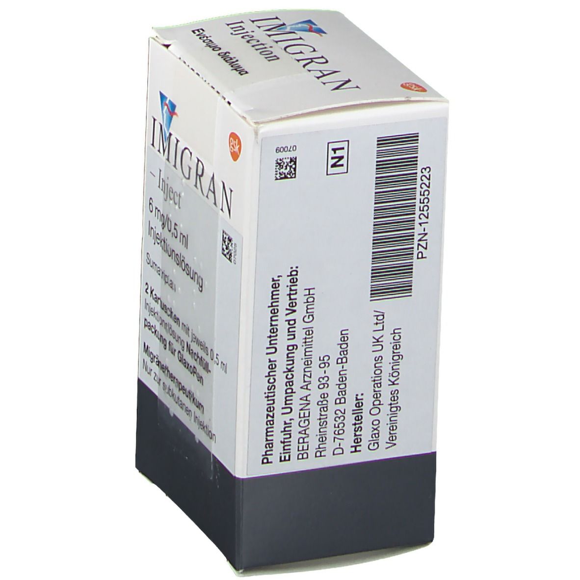 Karton IMIGRAN-Inject, Seitenansicht. Aufdrucke: Hersteller, PZN-12555223, Barcode, N1.