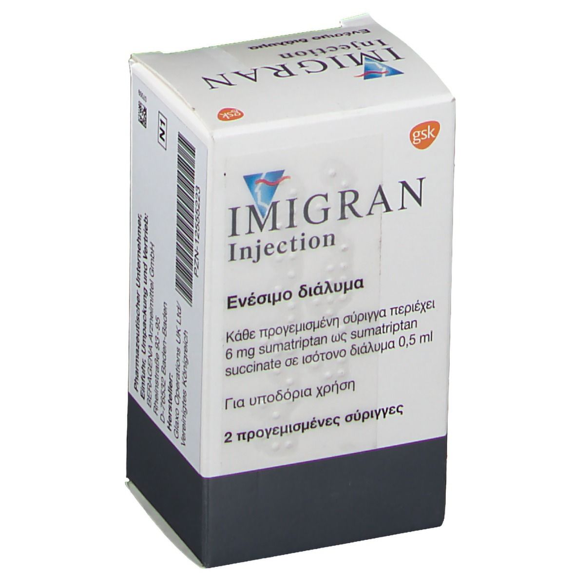 Karton IMIGRAN-Inject, schräg. Aufdrucke: 6 mg Sumatriptan, 2 Fertigspritzen, Glaxo.