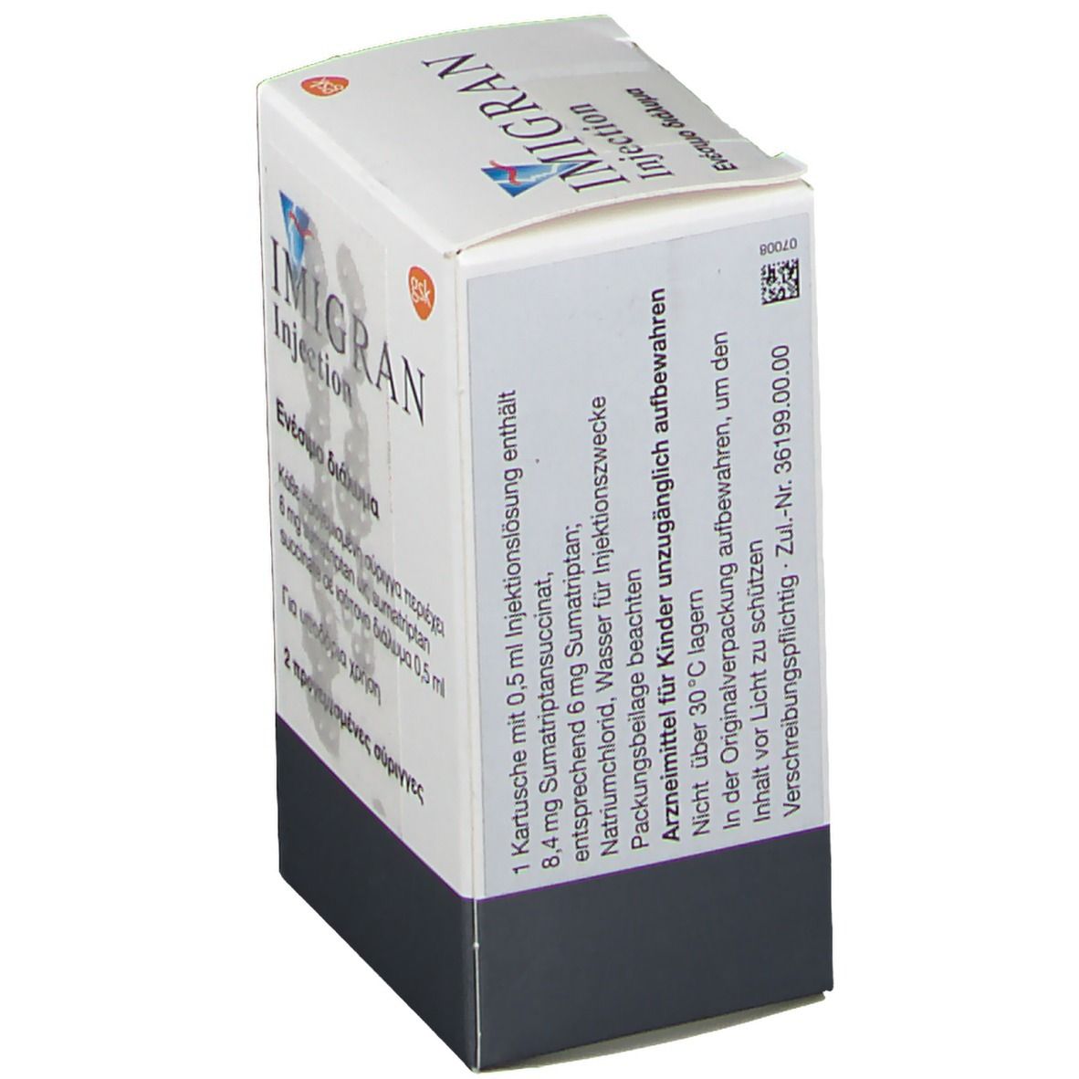 Karton IMIGRAN-Inject, schräg. Aufdrucke: 1 Kartusche, 6 mg Sumatriptan, Packungsbeilage.