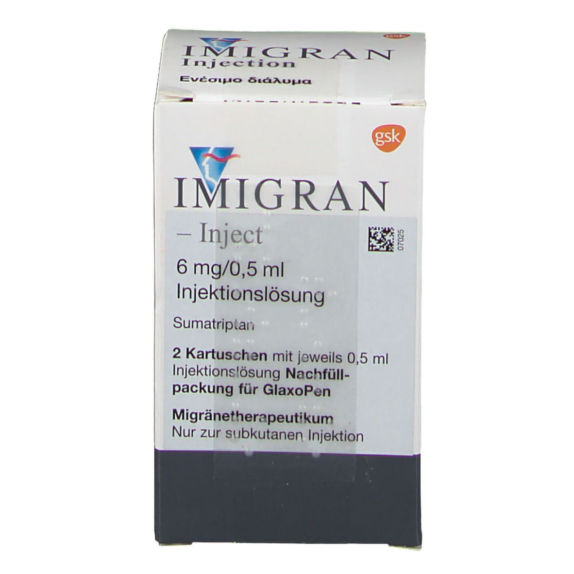 Karton IMIGRAN-Inject. Aufdrucke: 6 mg/0,5 ml Injektionslösung, Sumatriptan, GlaxoPen.