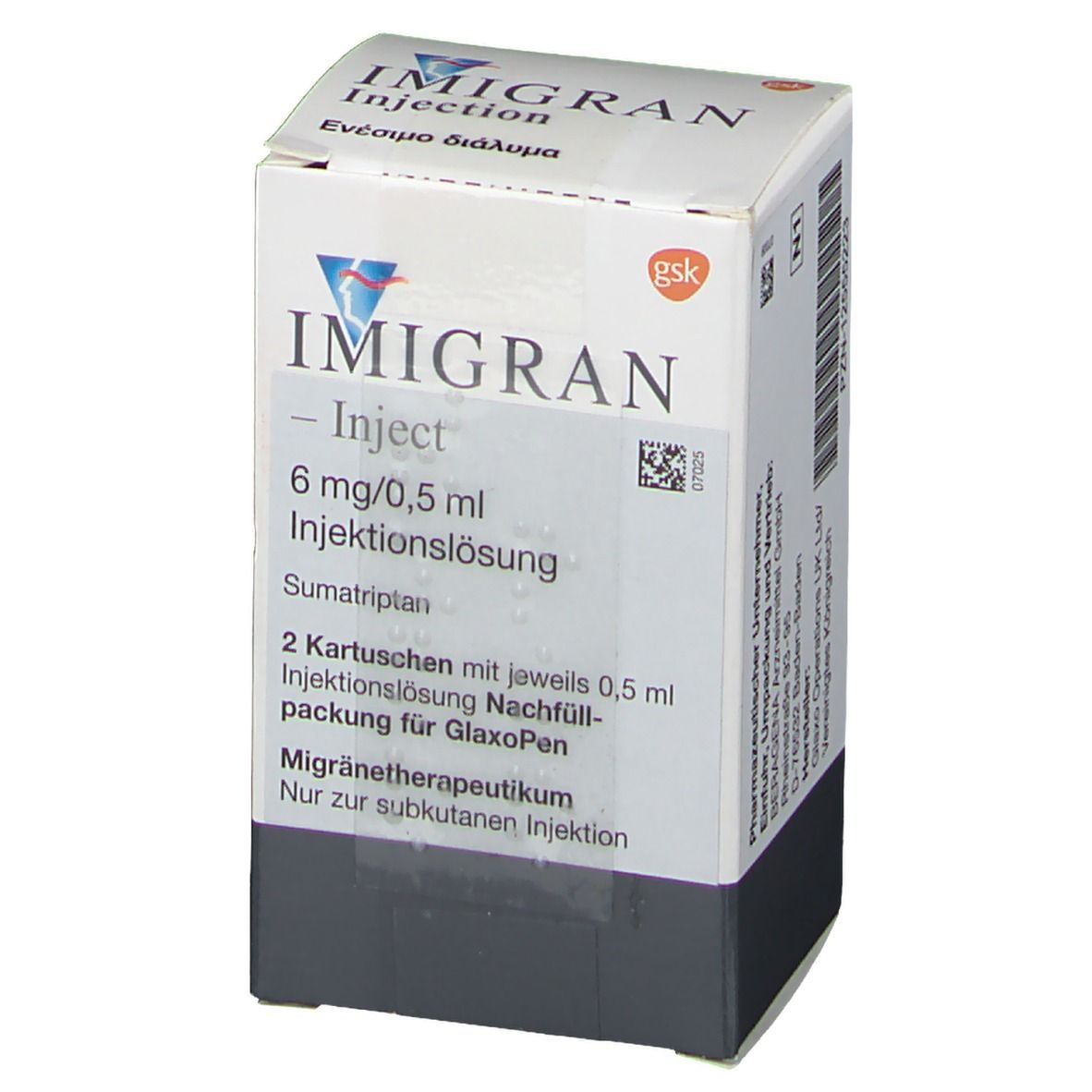 Karton IMIGRAN-Inject. Aufdrucke: 6 mg/0,5 ml Injektionslösung, Sumatriptan, GlaxoPen.